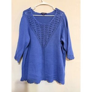 Roamans Plus Size Blue Crochet Trim Knit Tunic Top 18/20 Cottage Feminine
